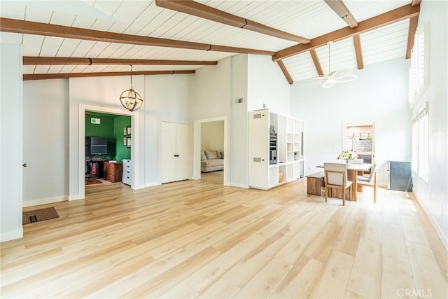 5940 Avenida Antigua, Yorba Linda, CA 92887 - living area featuring high vaulted ceiling, light wood-style floors, ceiling fan, wood ceiling with exposed beams, and baseboards