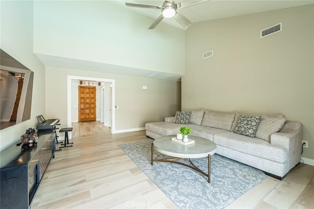 5940 Avenida Antigua, Yorba Linda, CA 92887 - living room featuring high vaulted ceiling, light wood-type flooring, baseboards, and ceiling fan