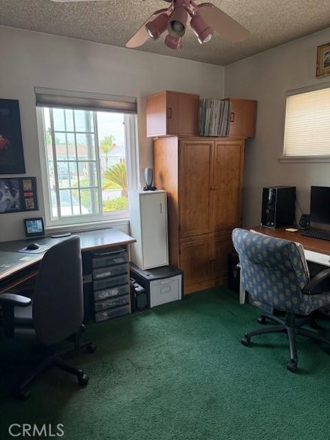9912 Muroc St, Bellflower, CA 90706 - office with a textured ceiling, light carpet, and a ceiling fan