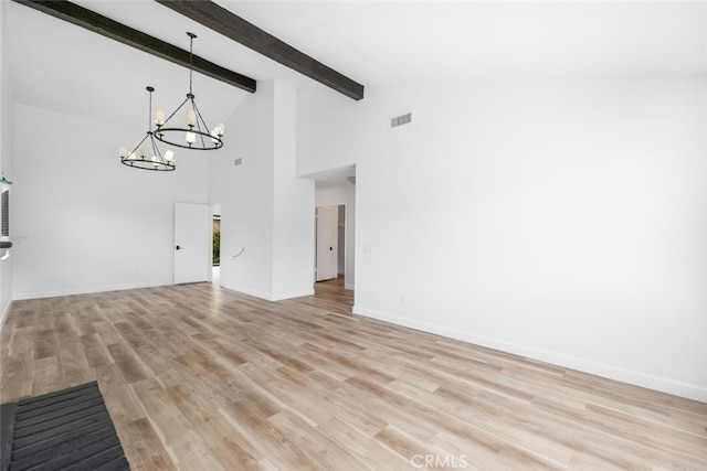 5453 Softwind Way, Agoura Hills, CA 91301 - unfurnished living room featuring a chandelier, light wood finished floors, beamed ceiling, high vaulted ceiling, and baseboards