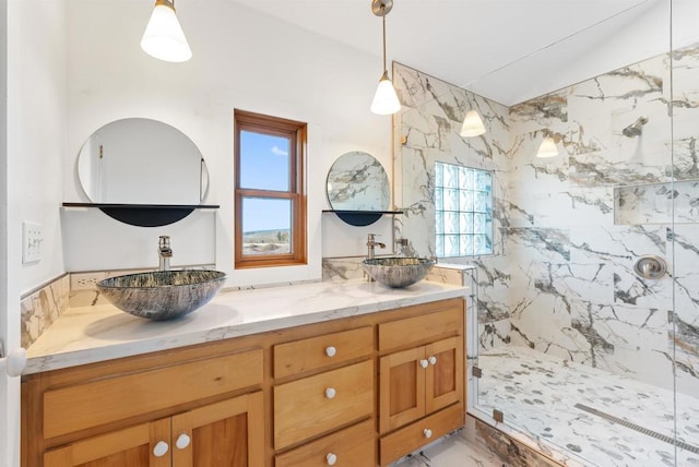 604 River Ranch Rd, Markleeville, CA 96120 - full bathroom featuring double vanity, a stall shower, and marble finish floors