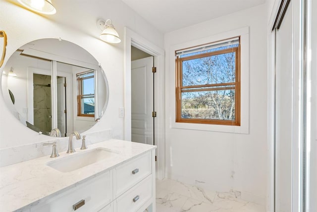 604 River Ranch Rd, Markleeville, CA 96120 - bathroom featuring marble finish floors, vanity, plenty of natural light, and a marble finish shower
