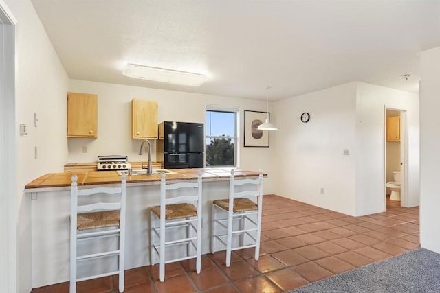 604 River Ranch Rd, Markleeville, CA 96120 - kitchen featuring freestanding refrigerator, a sink, a peninsula, light brown cabinetry, and tile counters