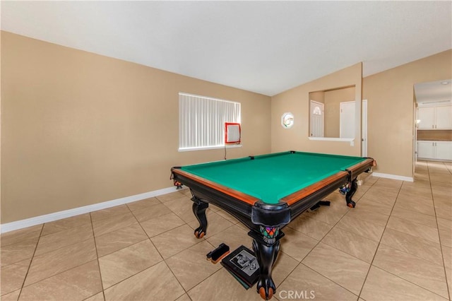 14317 Jicarilla Rd, Apple Valley, CA 92307 - game room with baseboards, pool table, tile patterned flooring, and vaulted ceiling