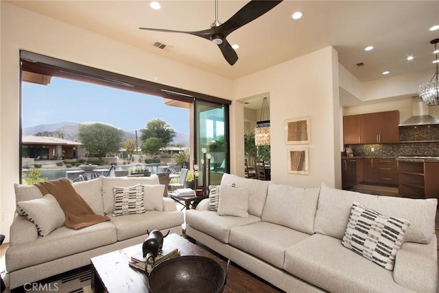 50135 Camino Privado Ln, Quinta, CA 92253 - living area with recessed lighting, a ceiling fan, and a mountain view
