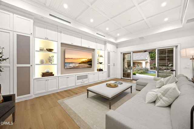 2060 Windover Rd, Pasadena, CA 91107 - living area featuring recessed lighting, coffered ceiling, light wood-style flooring, built in shelves, and ornamental molding