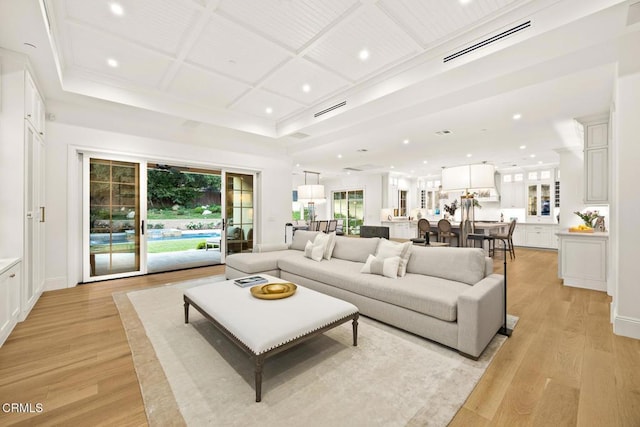 2060 Windover Rd, Pasadena, CA 91107 - living area featuring recessed lighting, light wood finished floors, and coffered ceiling