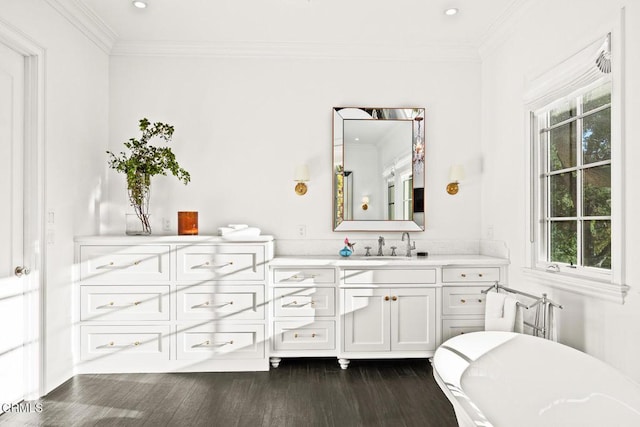 2060 Windover Rd, Pasadena, CA 91107 - bathroom with a soaking tub, healthy amount of natural light, vanity, ornamental molding, and wood finished floors