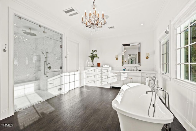2060 Windover Rd, Pasadena, CA 91107 - bathroom with a marble finish shower, vanity, a freestanding tub, plenty of natural light, and ornamental molding