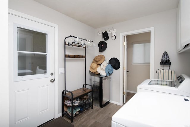 29730 Red Mountain Rd, Valley Center, CA 92082 - laundry area with dark wood-style floors, cabinet space, washing machine and dryer, and baseboards