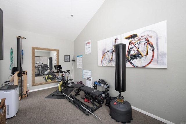 29730 Red Mountain Rd, Valley Center, CA 92082 - workout area with carpet flooring, baseboards, and high vaulted ceiling