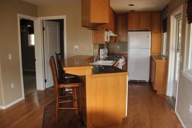 29730 Red Mountain Rd, Valley Center, CA 92082 - kitchen with white appliances, a peninsula, dark wood-style floors, a kitchen bar, and brown cabinets
