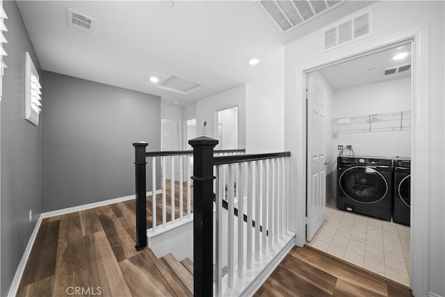 16007 Dexter St, Chino, CA 91708 - washroom featuring washer and clothes dryer, wood finished floors, baseboards, attic access, and recessed lighting