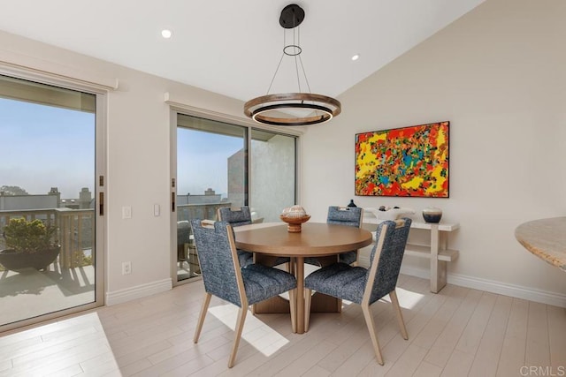 12812 Caminito En Flor, Del Mar, CA 92014 - dining room with light wood-type flooring, baseboards, recessed lighting, and vaulted ceiling