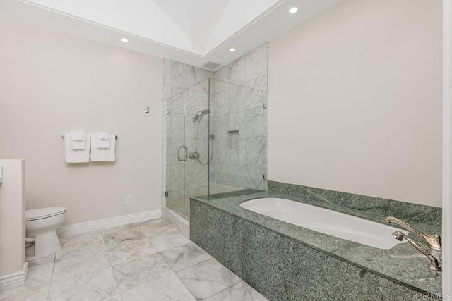 12812 Caminito En Flor, Del Mar, CA 92014 - bathroom featuring a bath, a stall shower, toilet, baseboards, and recessed lighting