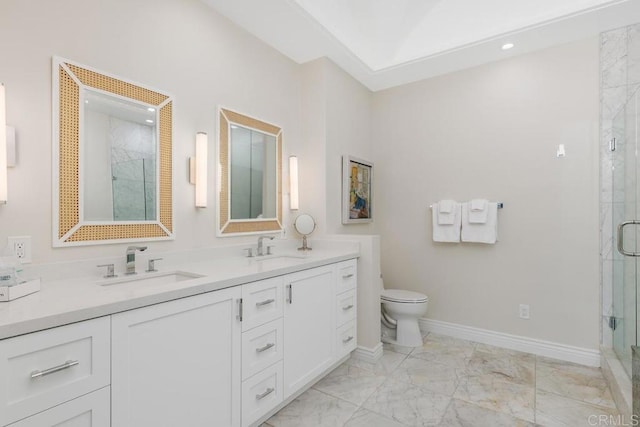 12812 Caminito En Flor, Del Mar, CA 92014 - bathroom with a stall shower, toilet, double vanity, marble finish flooring, and baseboards