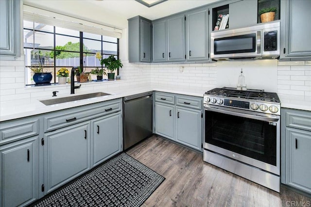 23912 Benito Way, Ramona, CA 92065 - kitchen featuring appliances with stainless steel finishes, gray cabinets, a sink, dark wood-type flooring, and tasteful backsplash