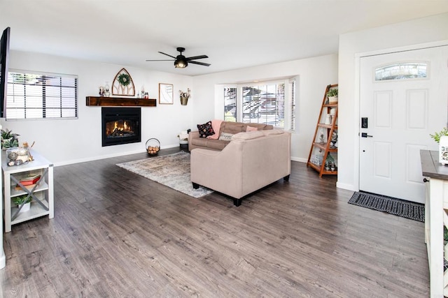 23912 Benito Way, Ramona, CA 92065 - living room featuring a ceiling fan, wood finished floors, and a glass covered fireplace