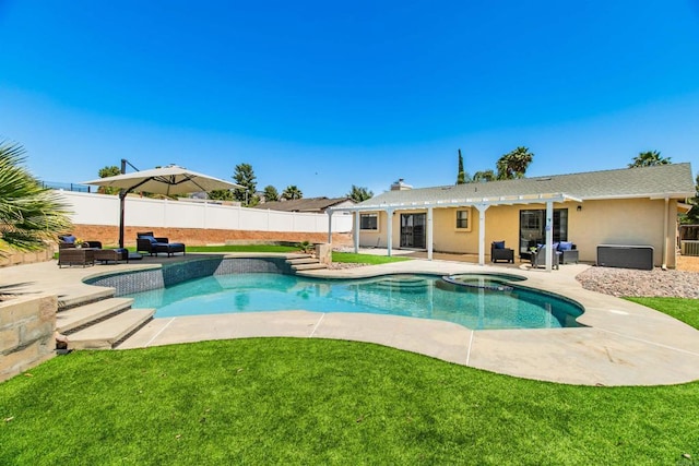 23912 Benito Way, Ramona, CA 92065 - view of pool featuring an outdoor living space, a patio, a pool with connected hot tub, and a pergola
