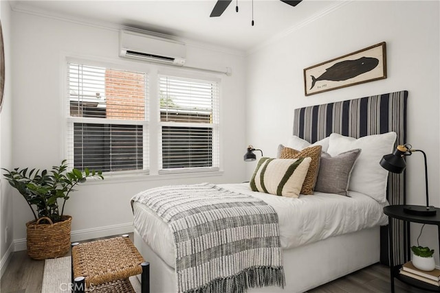 5893 E Adderley Dr, Long Beach, CA 90808 - bedroom featuring wood finished floors, a wall mounted air conditioner, ornamental molding, baseboards, and ceiling fan