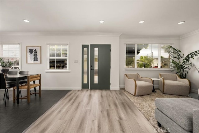 5893 E Adderley Dr, Long Beach, CA 90808 - living room with wood finished floors, baseboards, ornamental molding, and recessed lighting