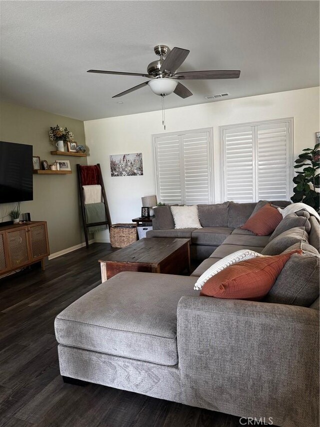 31827 Ives Ct, Menifee, CA 92584 - living room with a ceiling fan, wood finished floors, and baseboards