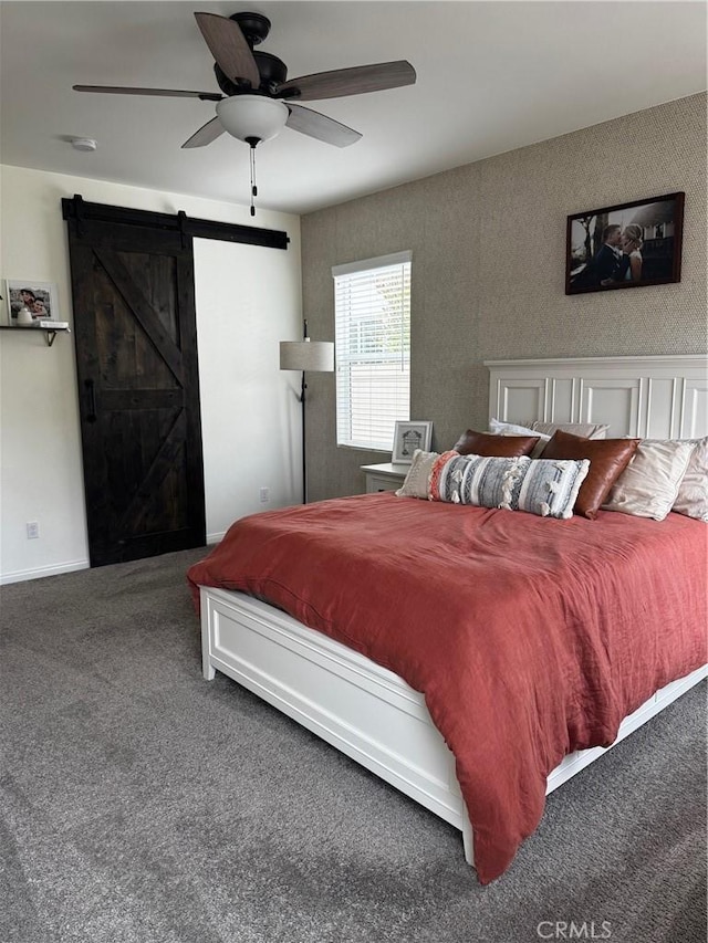 31827 Ives Ct, Menifee, CA 92584 - carpeted bedroom featuring a barn door and a ceiling fan
