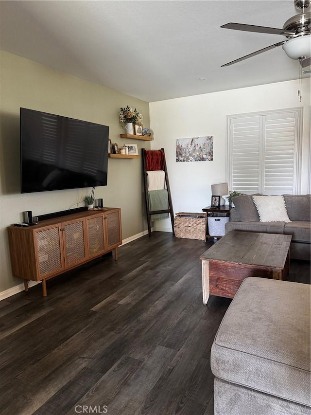 31827 Ives Ct, Menifee, CA 92584 - living room with a ceiling fan, dark wood-style floors, and baseboards