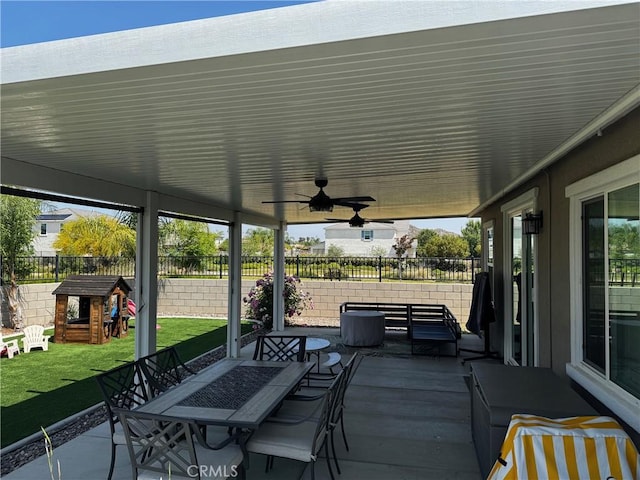 31827 Ives Ct, Menifee, CA 92584 - wooden deck with outdoor lounge area, a patio area, outdoor dining area, and ceiling fan