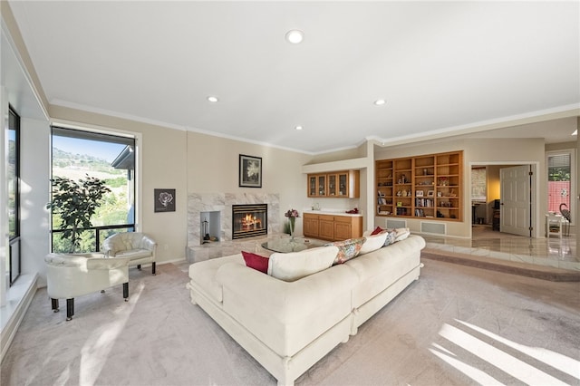 1357 Sunny Heights Rd, Fallbrook, CA 92028 - living room with healthy amount of natural light, a fireplace, ornamental molding, baseboards, and recessed lighting