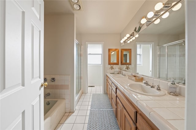 1357 Sunny Heights Rd, Fallbrook, CA 92028 - full bathroom featuring double vanity, a stall shower, a bath, and tile patterned flooring