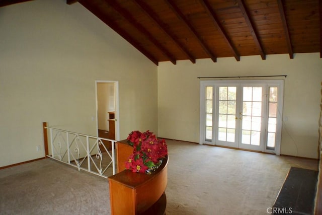 10111 Dewey Dr, Garden Grove, CA 92840 - empty room featuring wooden ceiling with exposed beams, carpet, high vaulted ceiling, and french doors