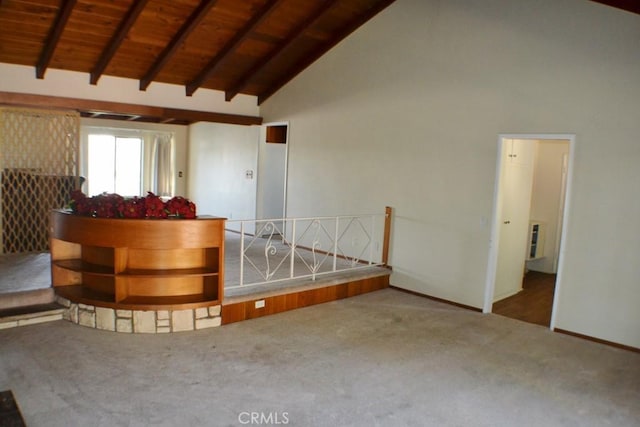 10111 Dewey Dr, Garden Grove, CA 92840 - carpeted empty room with wood ceiling with exposed beams, baseboards, and high vaulted ceiling