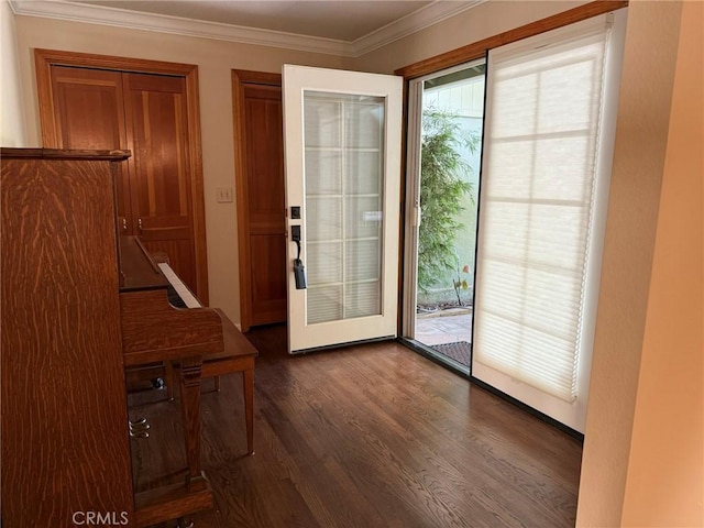 117 S Park Dr, Madera, CA 93637 - doorway to outside featuring dark wood-style flooring and ornamental molding