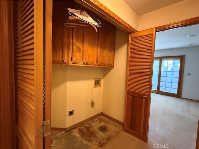 117 S Park Dr, Madera, CA 93637 - laundry area featuring electric dryer hookup, baseboards, cabinet space, and hookup for a washing machine