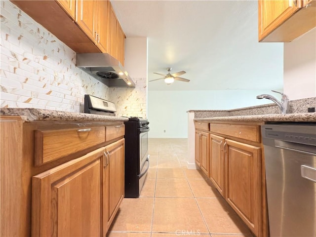 8601 International Ave Unit 179, Canoga Park, CA 91304 - kitchen featuring dishwasher, light tile patterned floors, range with gas stovetop, under cabinet range hood, and ceiling fan