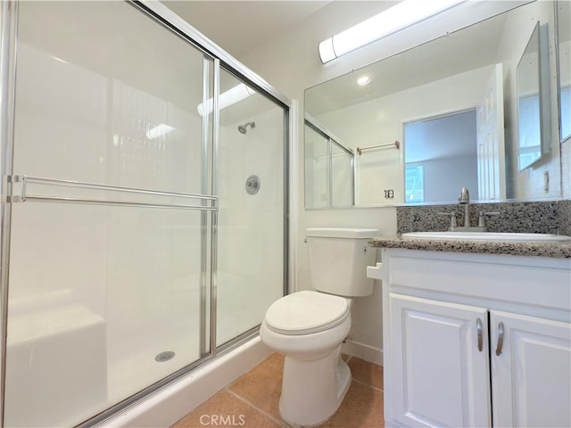 8601 International Ave Unit 179, Canoga Park, CA 91304 - bathroom featuring toilet, tile patterned flooring, vanity, a shower stall, and baseboards