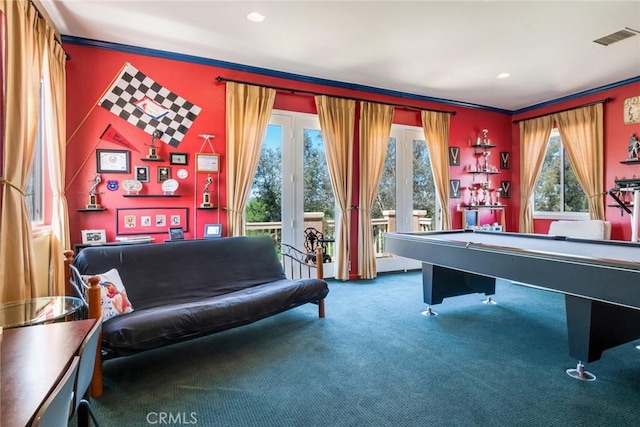 36235 Bay Hill Dr, Beaumont, CA 92223 - playroom with ornamental molding, carpet, pool table, french doors, and recessed lighting