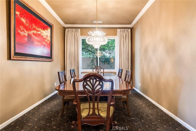 36235 Bay Hill Dr, Beaumont, CA 92223 - dining space with baseboards, carpet, crown molding, and a chandelier