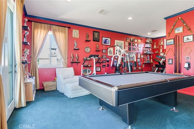 36235 Bay Hill Dr, Beaumont, CA 92223 - playroom with carpet, crown molding, billiards table, and recessed lighting