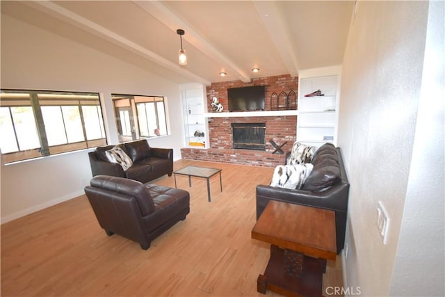 14279 Galleon Ln, Helendale, CA 92342 - living room with a brick fireplace, baseboards, and light wood-style floors