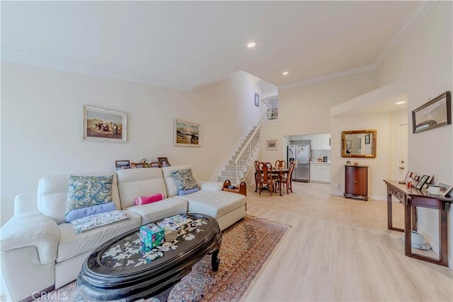 2201 Dublin Ln Unit 3, Diamond Bar, CA 91765 - living room with ornamental molding, stairs, and recessed lighting