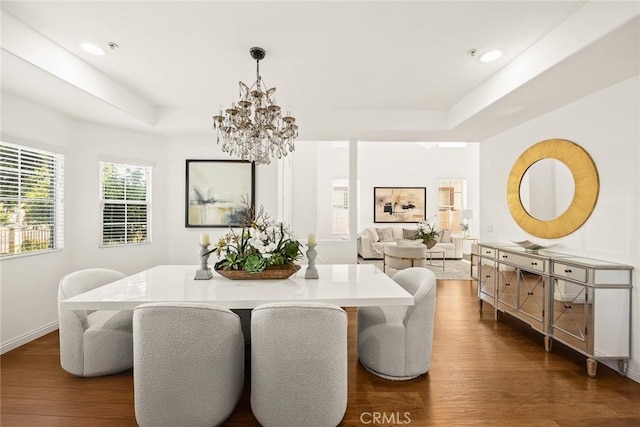 4937 Peck Rd Unit C, El Monte, CA 91732 - dining room featuring a raised ceiling, a chandelier, dark wood-style floors, and recessed lighting