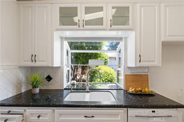 3014 California Park Dr, Chico, CA 95928 - kitchen with a sink, white dishwasher, white cabinetry, and glass insert cabinets