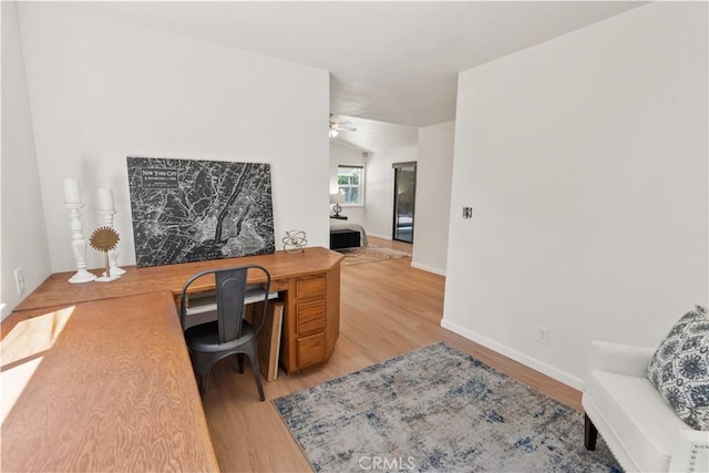 3014 California Park Dr, Chico, CA 95928 - home office featuring light wood finished floors, baseboards, ceiling fan, and vaulted ceiling