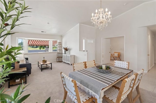 3014 California Park Dr, Chico, CA 95928 - dining room with a chandelier, carpet floors, ornamental molding, and a towering ceiling