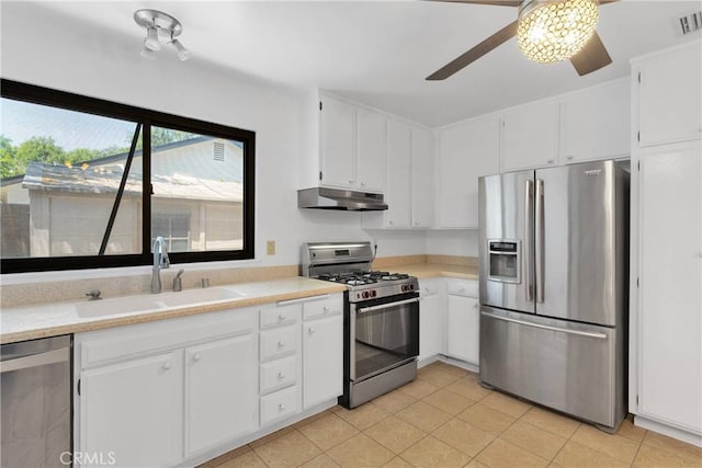 9820 Mandalay Ct, Riverside, CA 92503 - kitchen with appliances with stainless steel finishes, a sink, under cabinet range hood, light countertops, and white cabinets