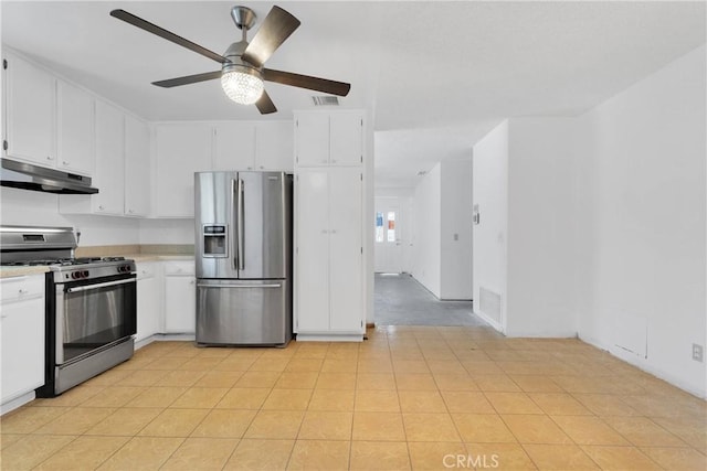 9820 Mandalay Ct, Riverside, CA 92503 - kitchen featuring stainless steel appliances, under cabinet range hood, light countertops, ceiling fan, and white cabinetry