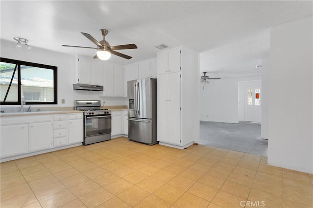 9820 Mandalay Ct, Riverside, CA 92503 - kitchen with stainless steel appliances, under cabinet range hood, a sink, and ceiling fan