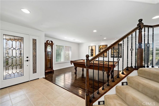 32070 Corte Bonilio, Temecula, CA 92592 - foyer entrance featuring stairway, billiards table, recessed lighting, and light tile patterned floors